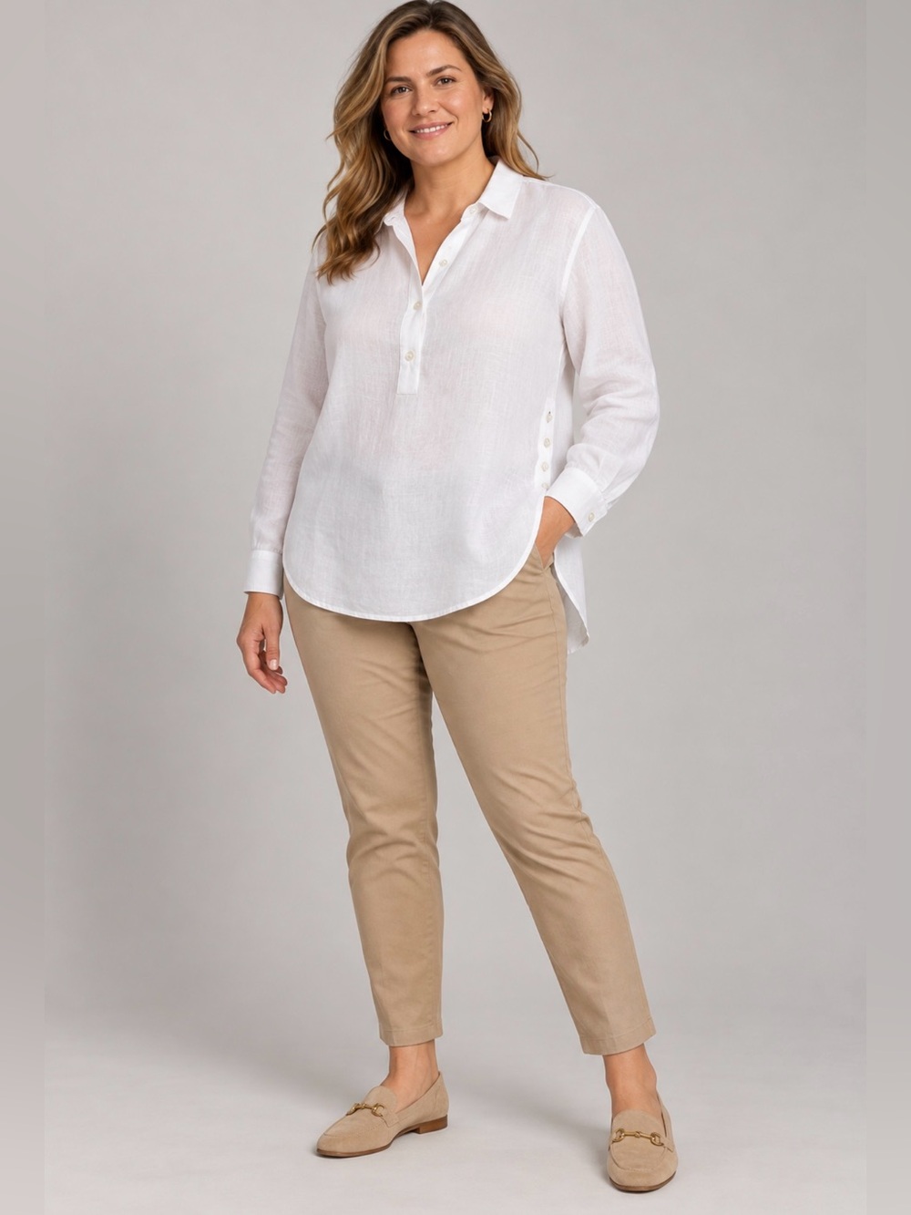 J.McLaughlin White Linen Pullover Tunic Blouse Button Sides Large